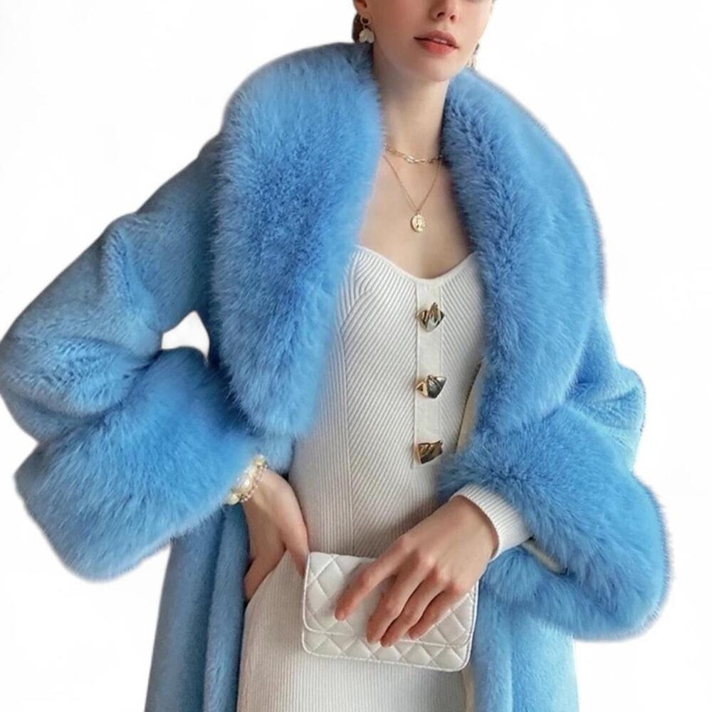 Gorg Lala Parker Blue Diamond Luxe Blue Faux Fur Long Coat Rhinestone Clasps XXL - Picture 4 of 6